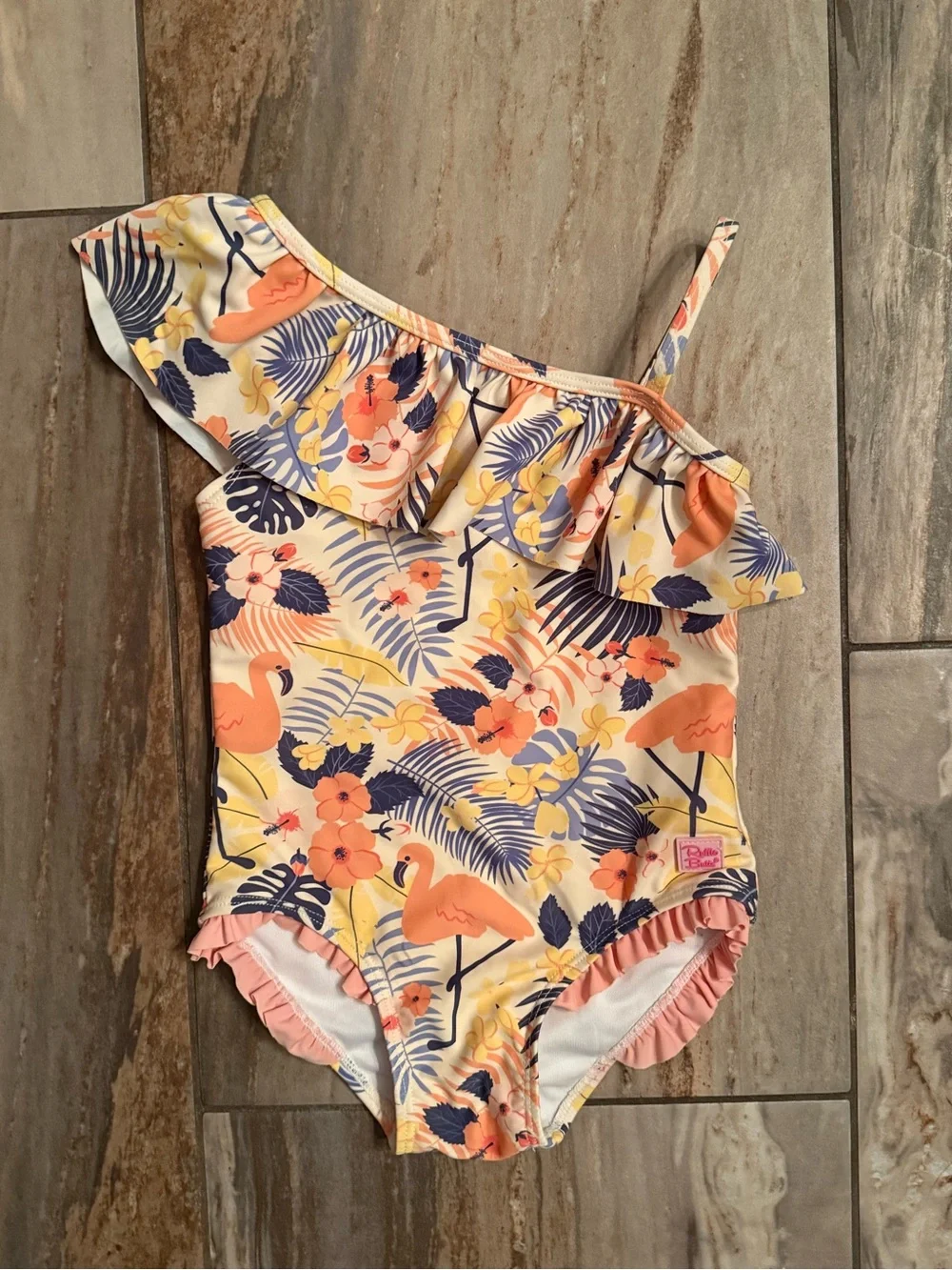 Ruffle Butts Girls Toddler One-Shoulder Flamingo Ruffle Swimsuit Bathing Suit